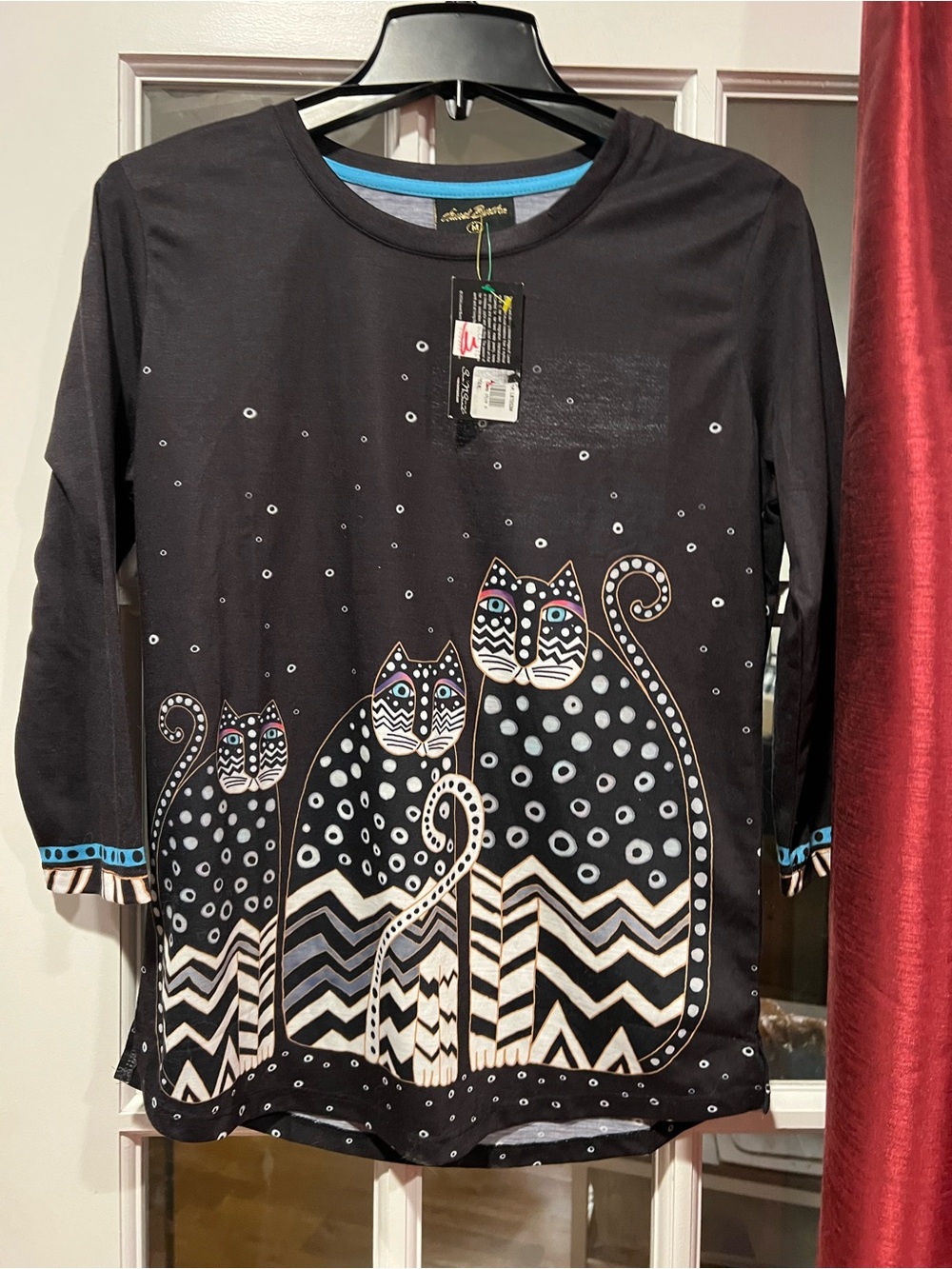 Laurel Burch Black Long Sleeve Tee with Polka Dot & Chevron Cat Trio